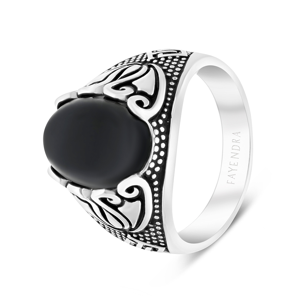 Sterling Silver 925 Ring Rhodium Plated Black Agate For Men