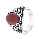 Sterling Silver 925 Ring Rhodium Plated Red Natural Aqiq For Men