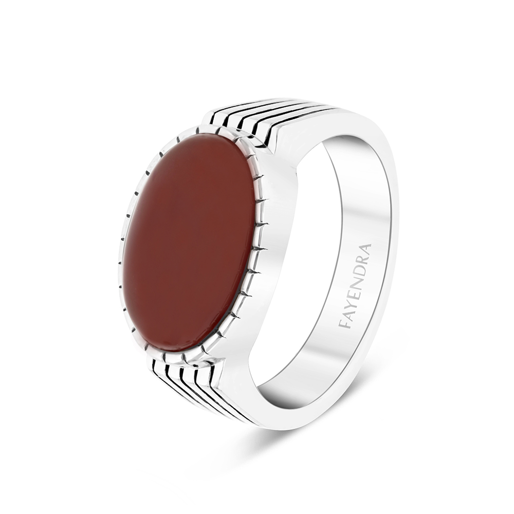 Sterling Silver 925 Ring Rhodium Plated Red Natural Aqiq For Men