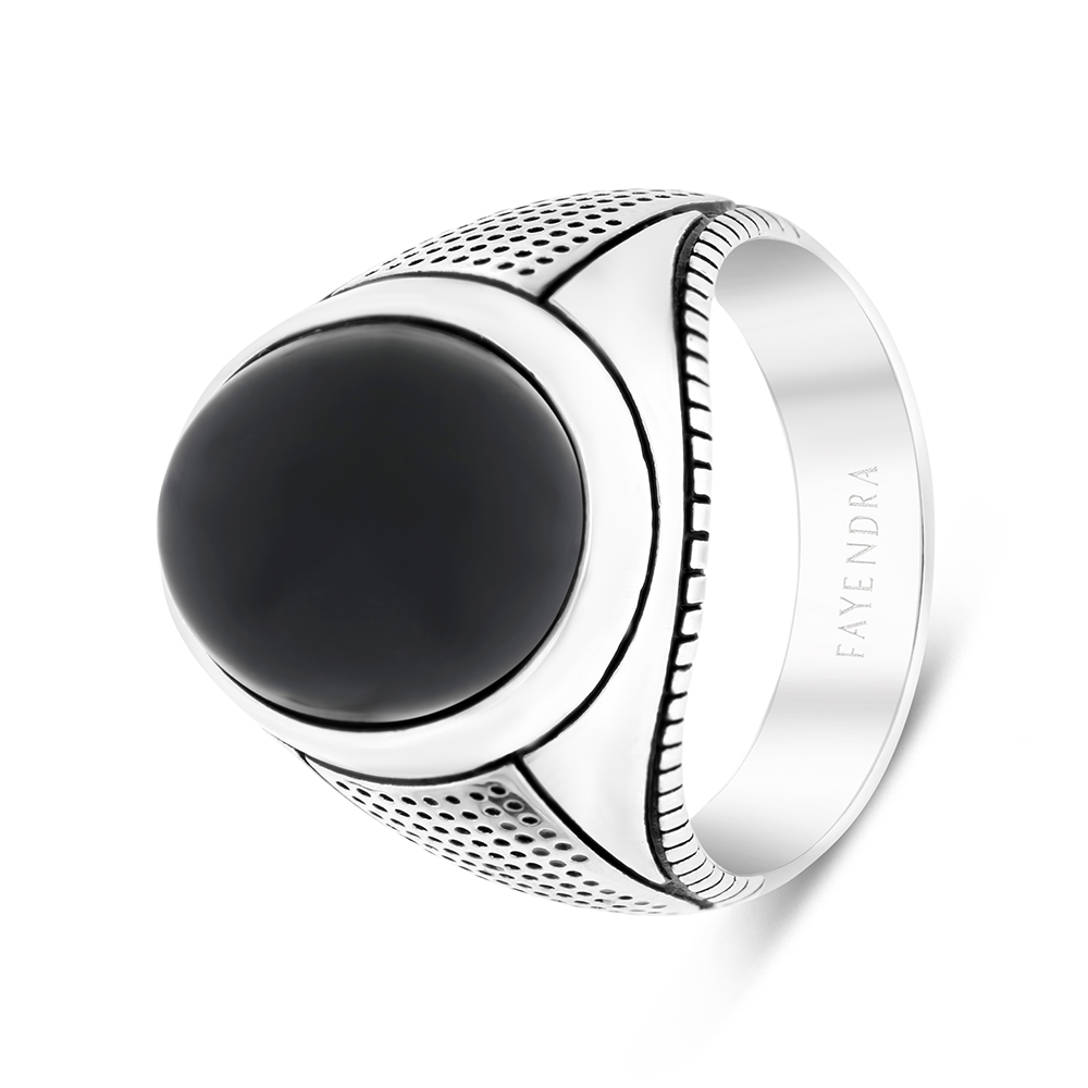 Sterling Silver 925 Ring Rhodium Plated Black Agate For Men