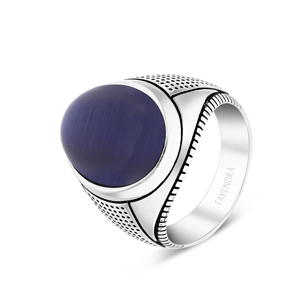 Sterling Silver 925 Ring Rhodium Plated Blue Tiger Eye For Men