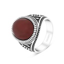 Sterling Silver 925 Ring Rhodium Plated Red Natural Aqiq For Men