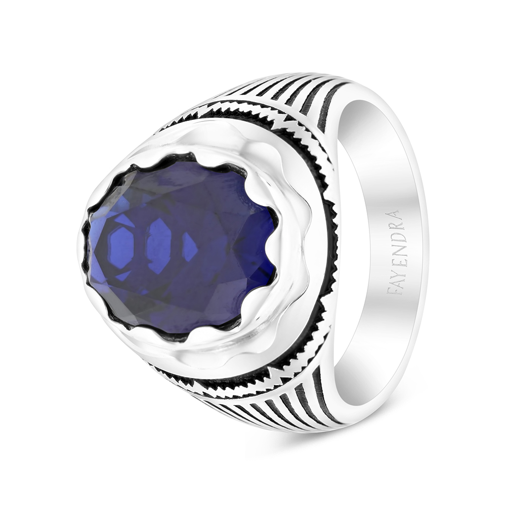 Sterling Silver 925 Ring Rhodium Plated Embedded With Sapphire Corundum For Men