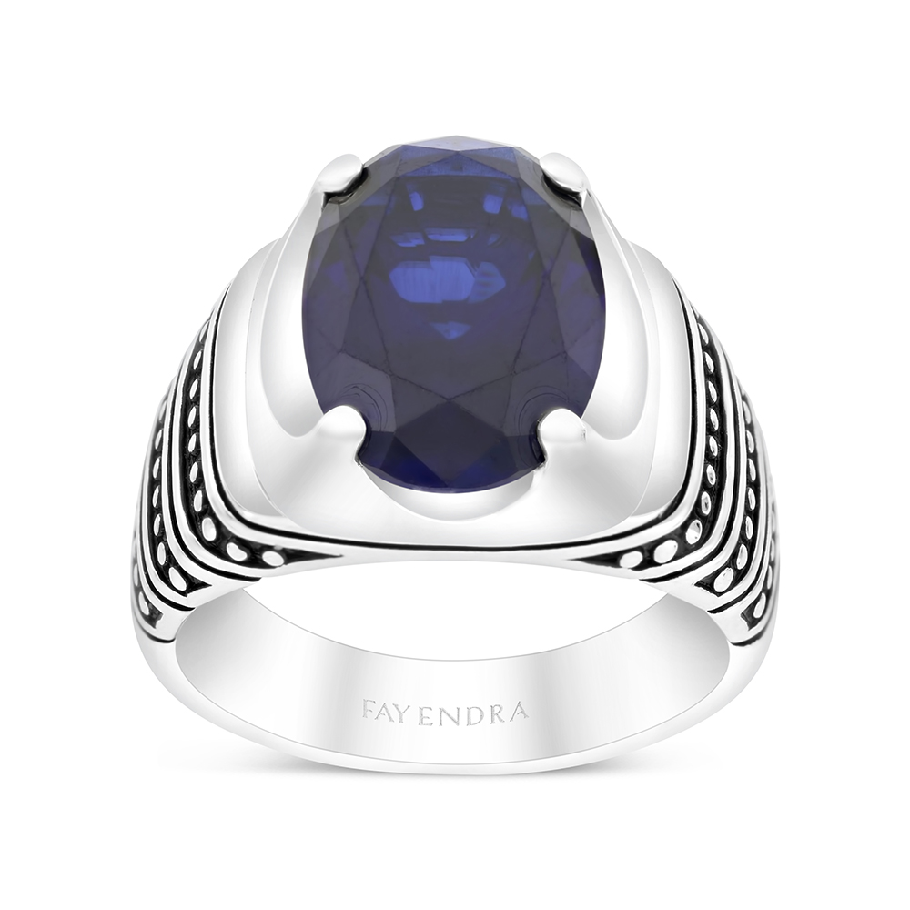Sterling Silver 925 Ring Rhodium Plated Embedded With Sapphire Corundum For Men 