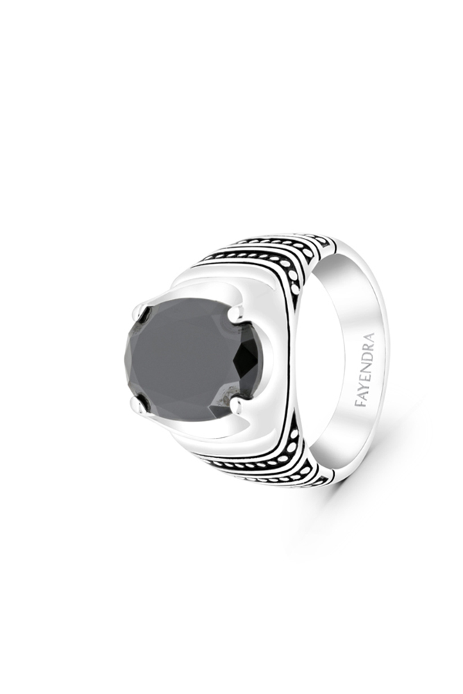 Sterling Silver 925 Ring Rhodium Plated Embedded With Black CZ For Men