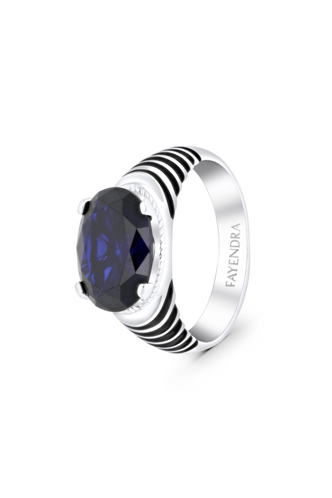 Sterling Silver 925 Ring Rhodium Plated Embedded With Sapphire Corundum For Men 