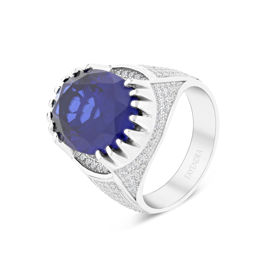 Sterling Silver 925 Ring Rhodium Plated Embedded With Sapphire Corundum For Men And White CZ