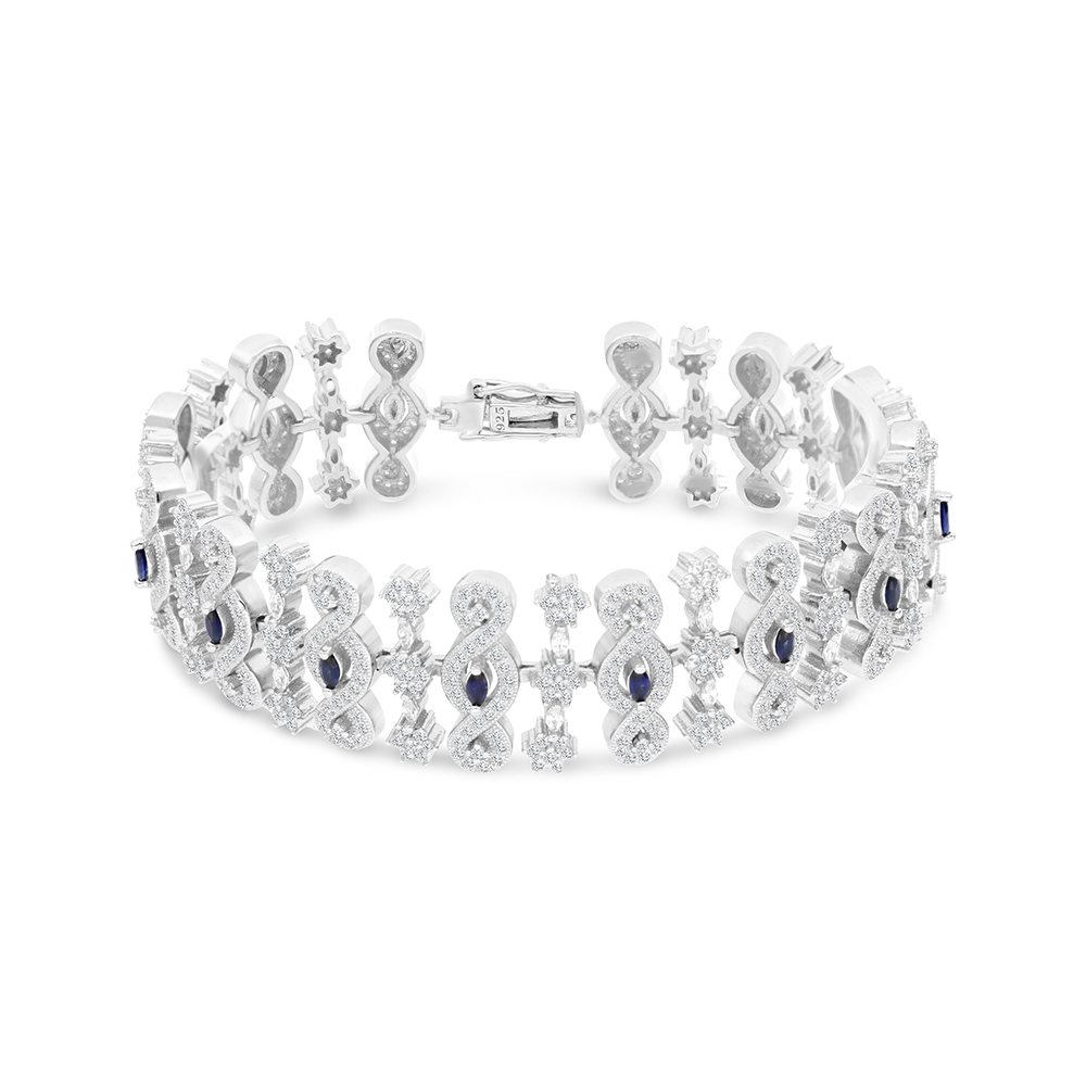 Sterling Silver 925 Bracelet Rhodium Plated Embedded With Sapphire Corundum And White CZ