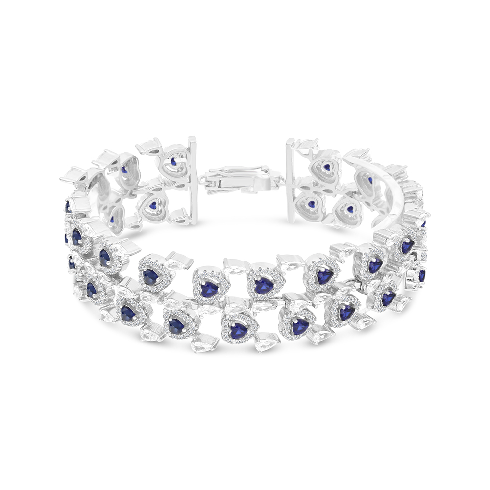 Sterling Silver 925 Bracelet Rhodium Plated Embedded With Sapphire Corundum And White CZ