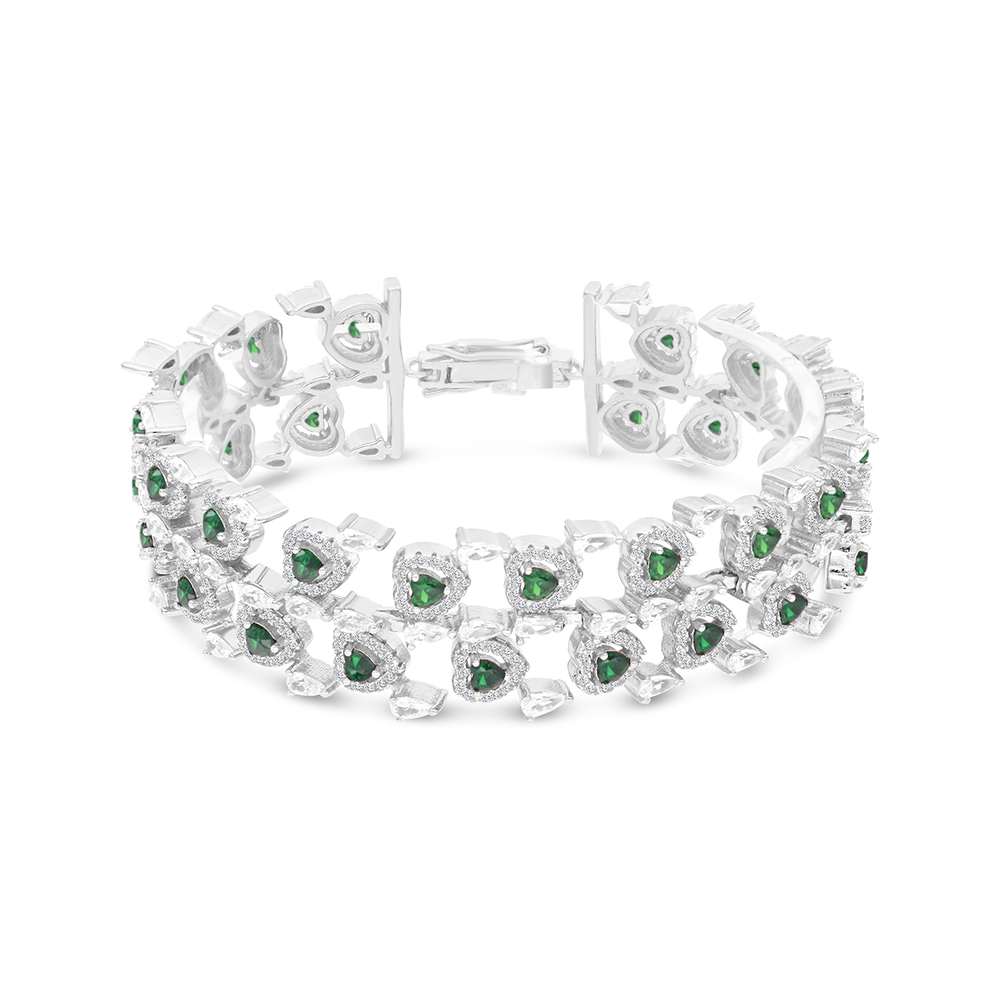 Sterling Silver 925 Bracelet Rhodium Plated Embedded With Emerald And White CZ