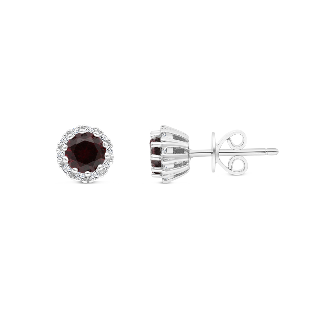 Sterling Silver 925 Earring Rhodium Plated Embedded With Ruby Corundum And White CZ