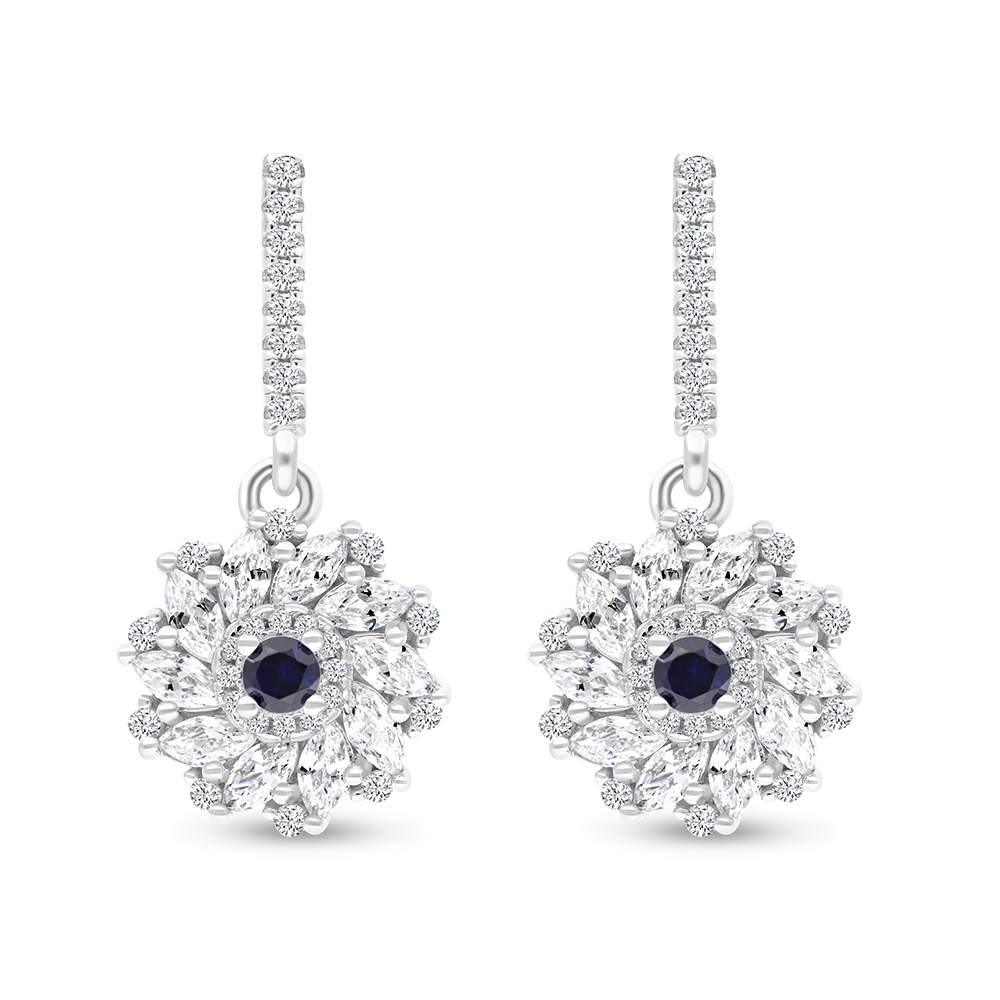 Sterling Silver 925 Earring Rhodium Plated Embedded With Sapphire Corundum And White CZ