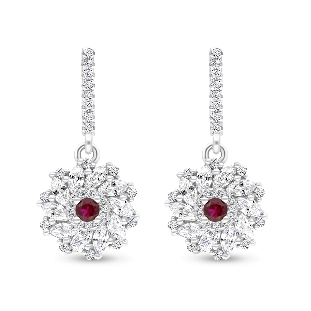 Sterling Silver 925 Earring Rhodium Plated Embedded With Ruby Corundum And White CZ