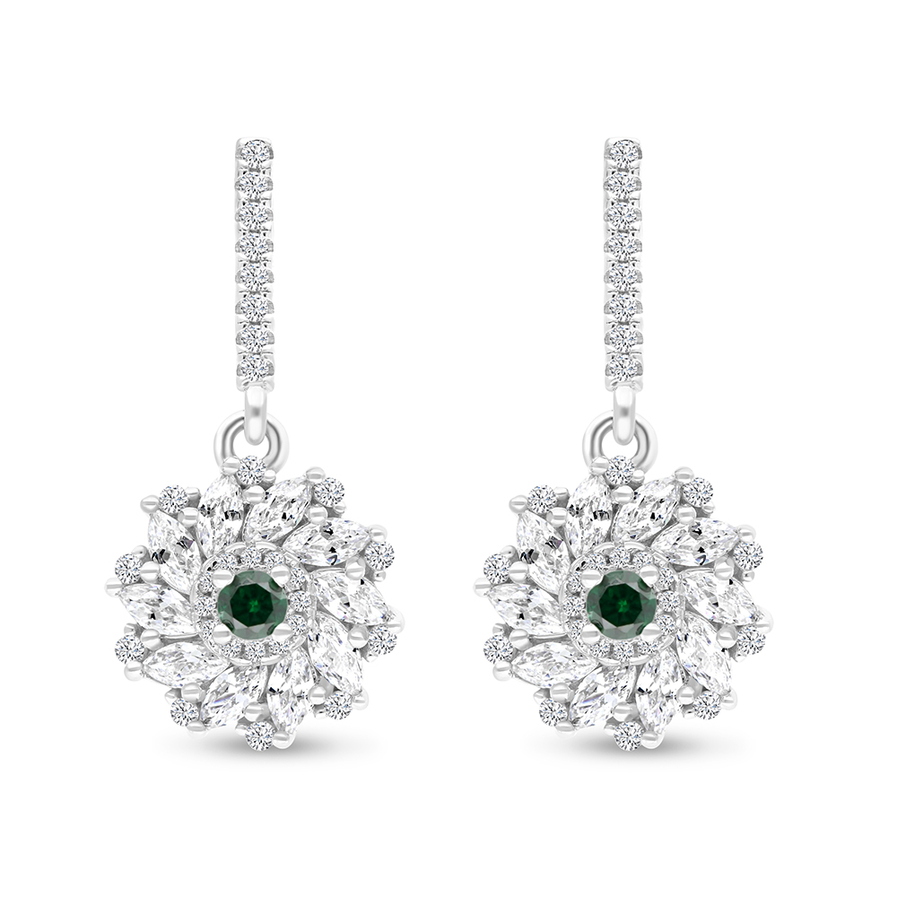 Sterling Silver 925 Earring Rhodium Plated Embedded With Emerald And White CZ