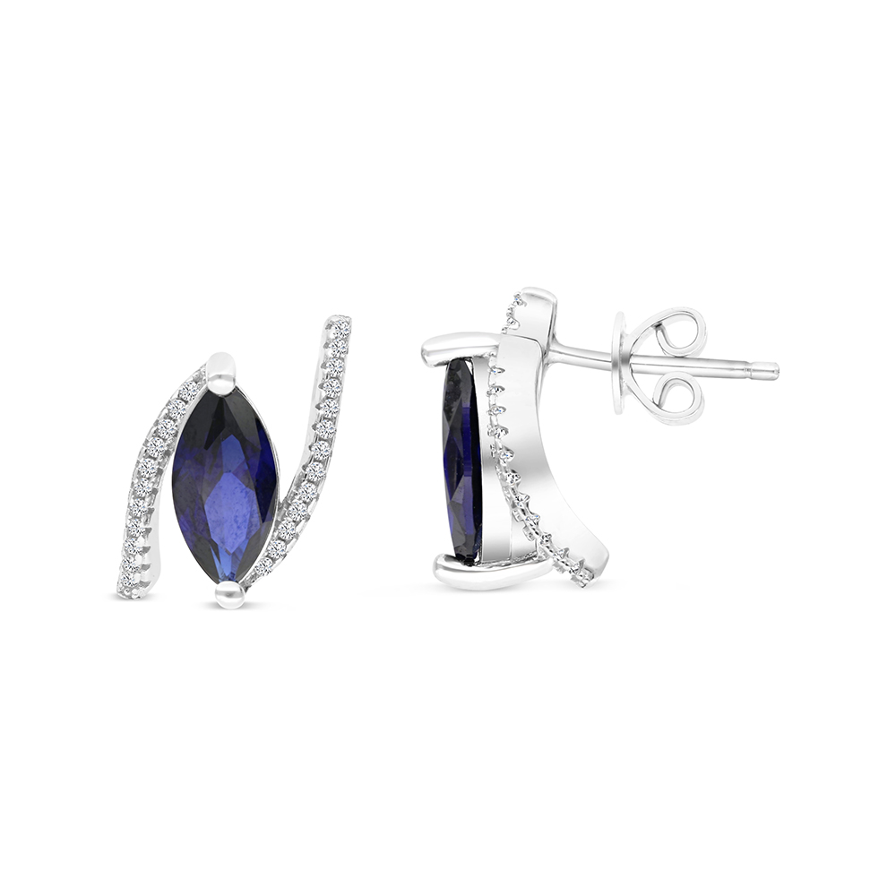 Sterling Silver 925 Earring Rhodium Plated Embedded With Sapphire Corundum And White CZ