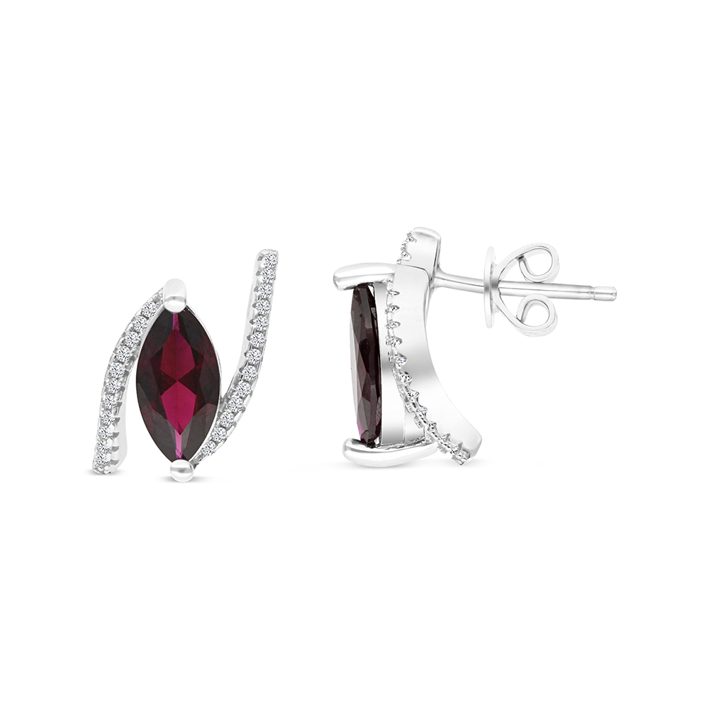 Sterling Silver 925 Earring Rhodium Plated Embedded With Ruby Corundum And White CZ