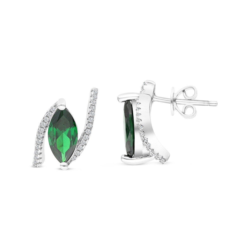 Sterling Silver 925 Earring Rhodium Plated Embedded With Emerald And White CZ