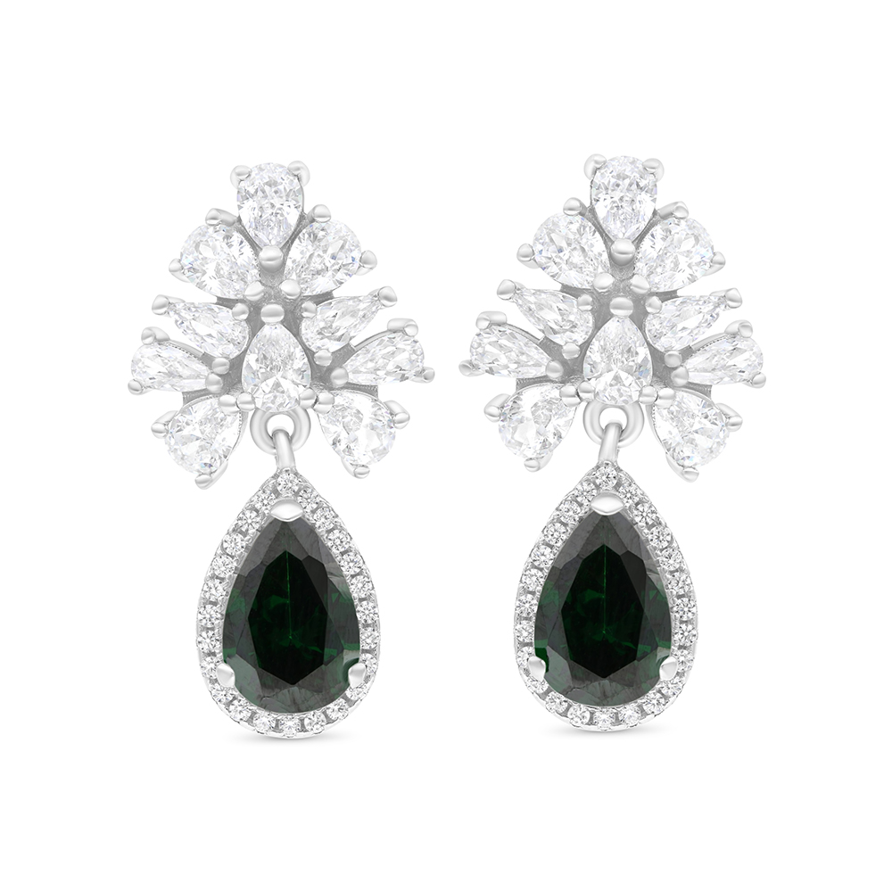 Sterling Silver 925 Earring Rhodium Plated Embedded With Emerald And White CZ