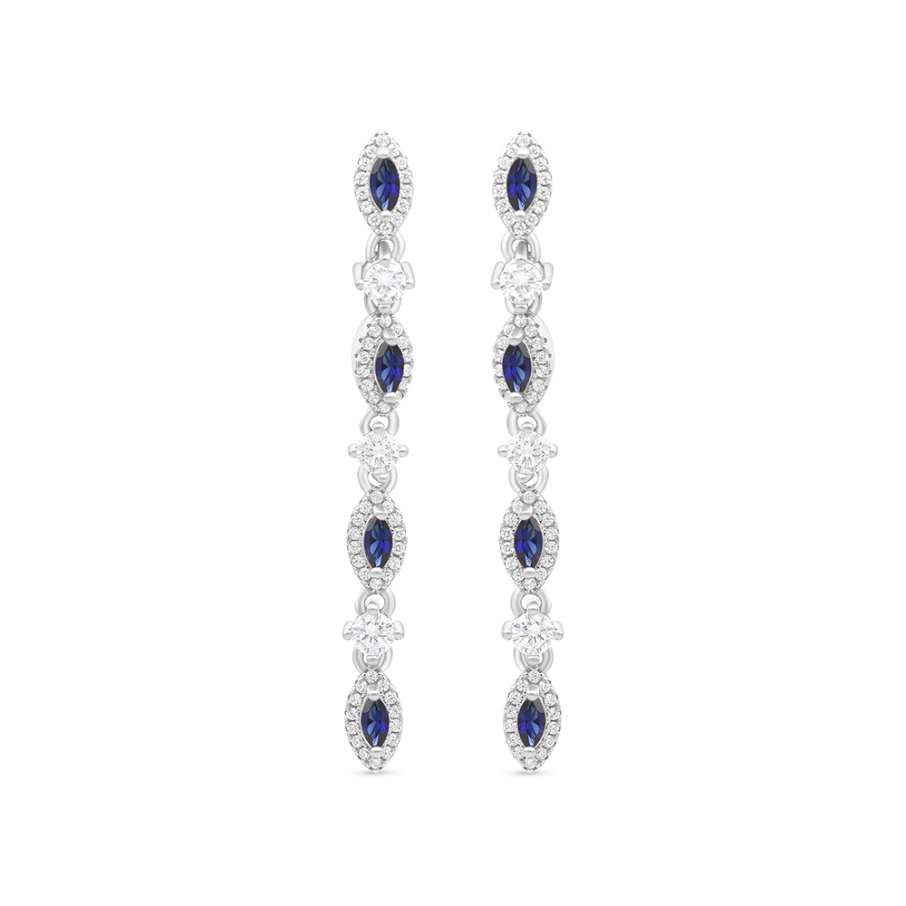 Sterling Silver 925 Earring Rhodium Plated Embedded With Sapphire Corundum And White CZ