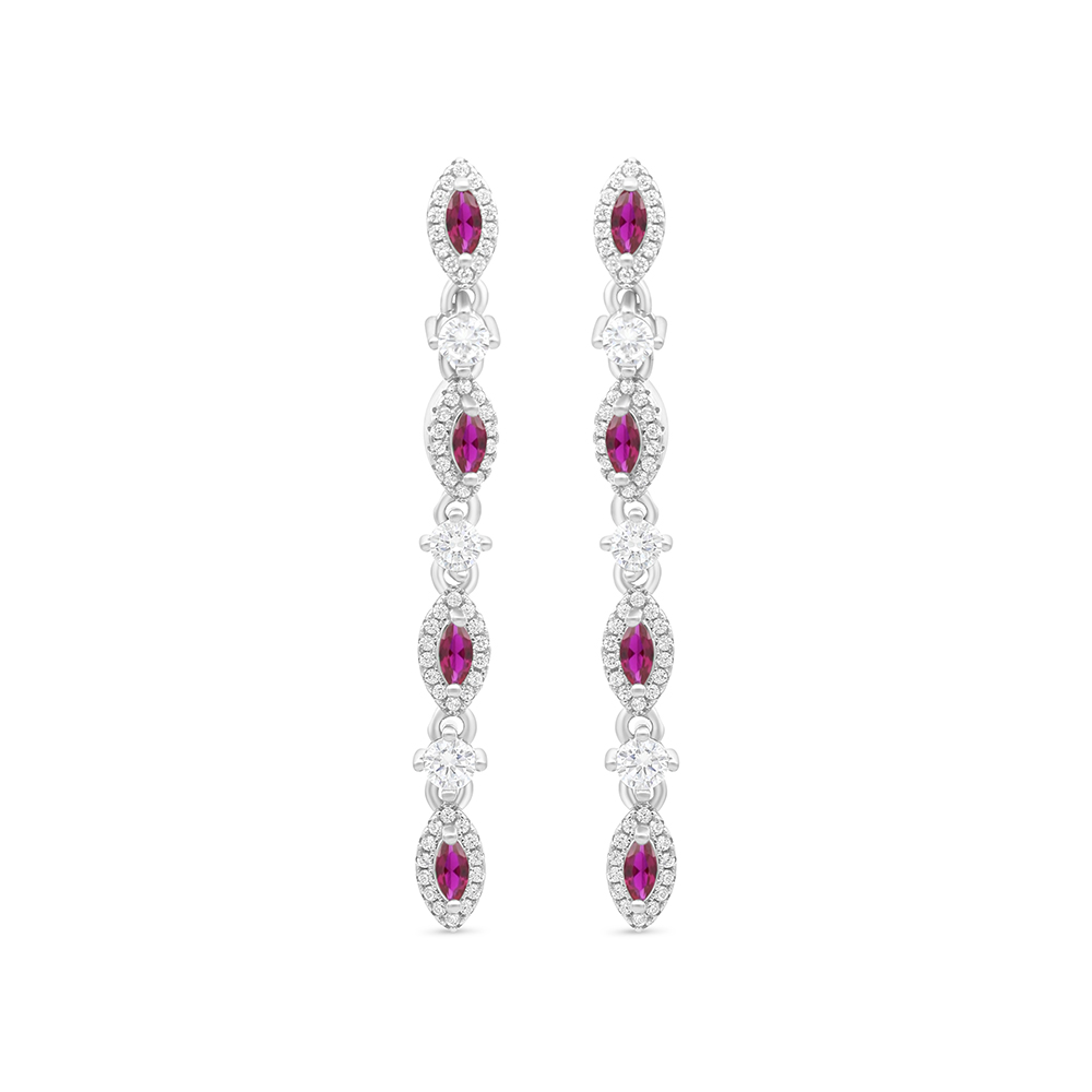 Sterling Silver 925 Earring Rhodium Plated Embedded With Ruby Corundum And White CZ