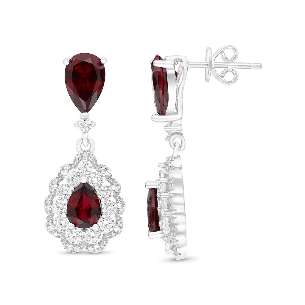 Sterling Silver 925 Earring Rhodium Plated Embedded With Ruby Corundum And White CZ