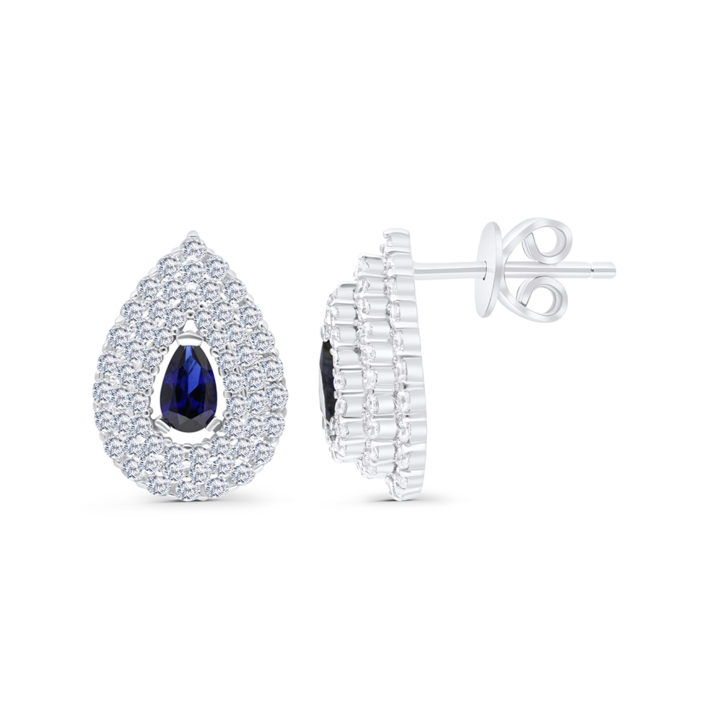 Sterling Silver 925 Earring Rhodium Plated Embedded With Sapphire CorundumAnd White CZ