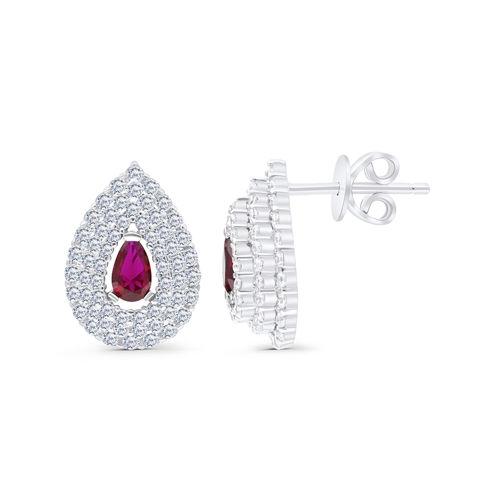 Sterling Silver 925 Earring Rhodium Plated Embedded With Ruby Corundum And White CZ