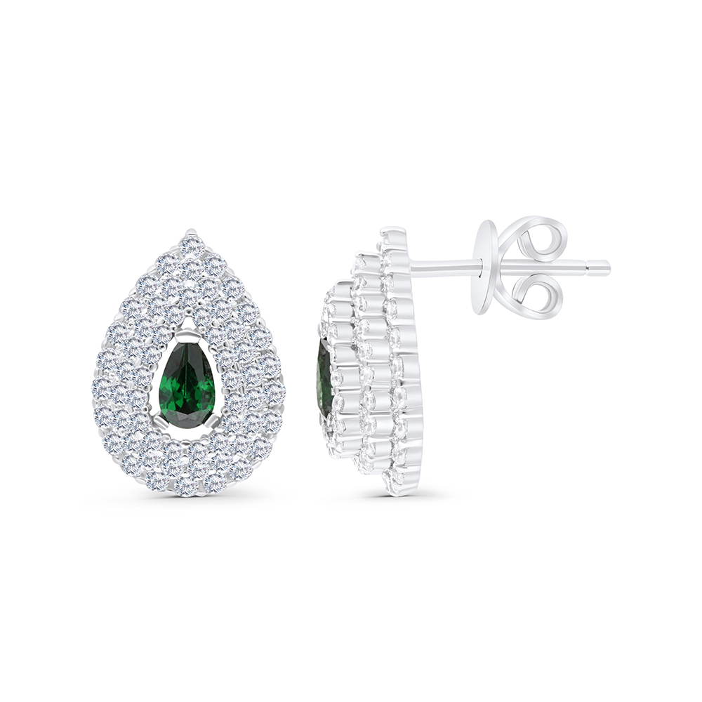 Sterling Silver 925 Earring Rhodium Plated Embedded With Emerald And White CZ