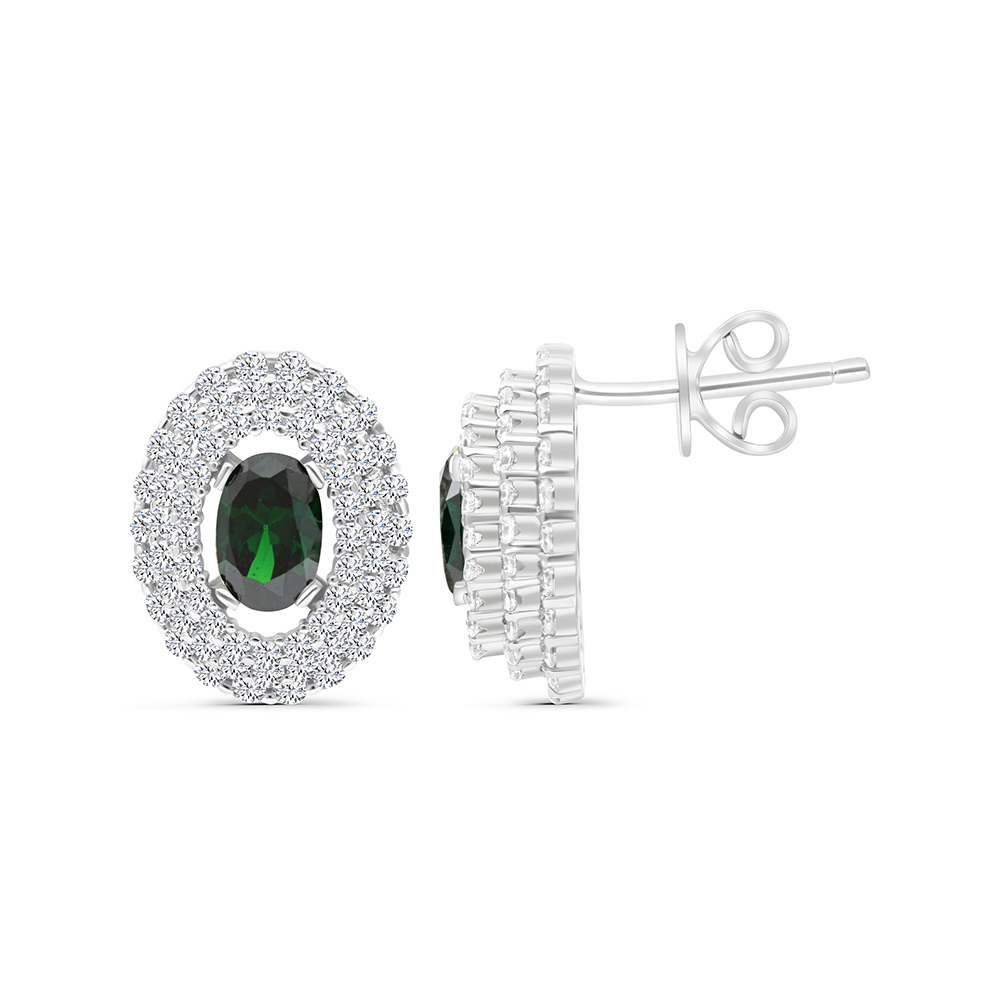 Sterling Silver 925 Earring Rhodium Plated Embedded With Emerald And White CZ