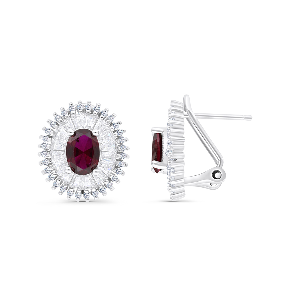 Sterling Silver 925 Earring Rhodium Plated Embedded With Ruby Corundum And White CZ