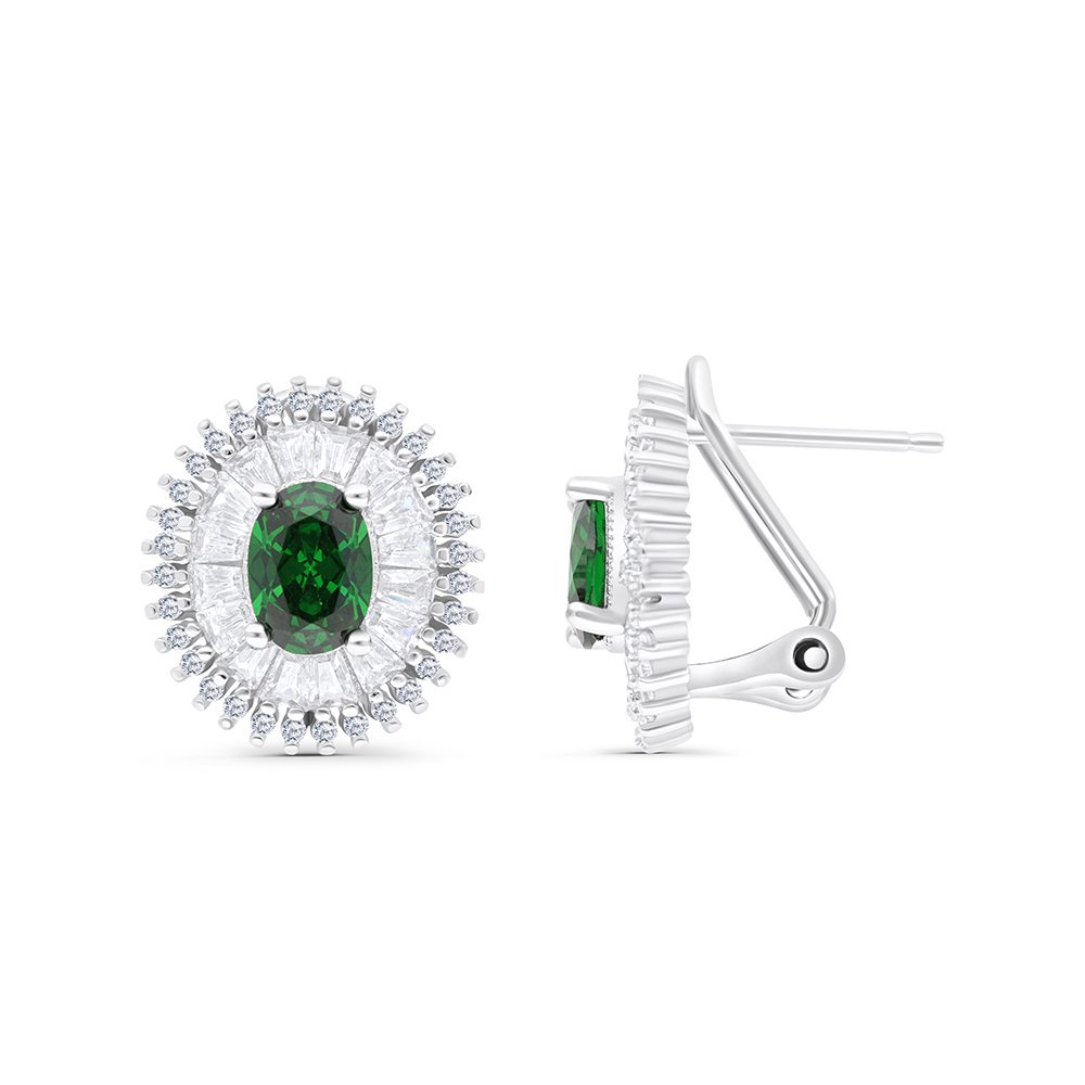 Sterling Silver 925 Earring Rhodium Plated Embedded With Emerald And White CZ