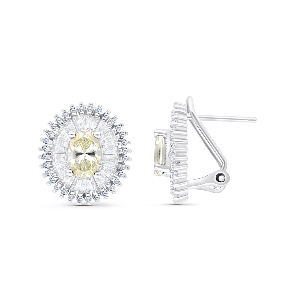 Sterling Silver 925 Earring Rhodium Plated Embedded With Yellow Zircon And White CZ