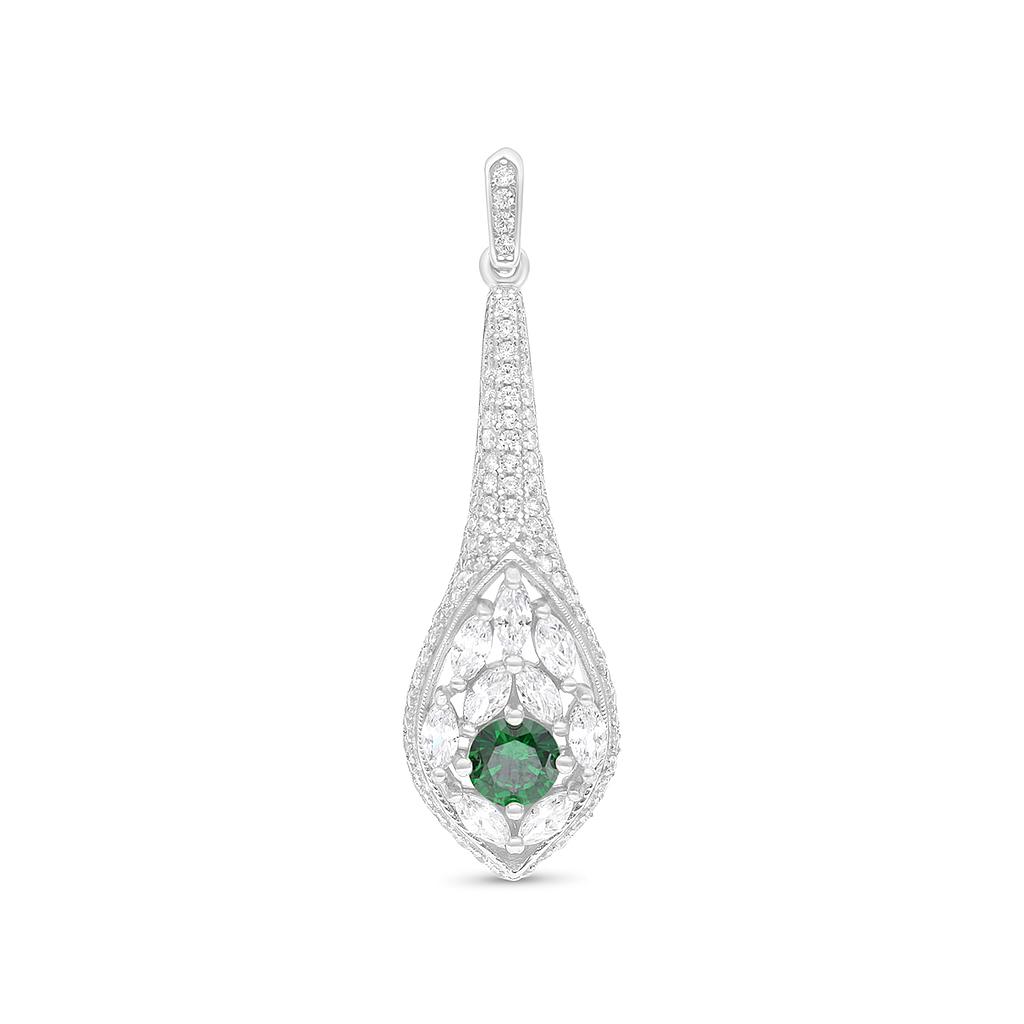 Sterling Silver 925 Pendant Rhodium Plated Embedded With Emerald And White CZ