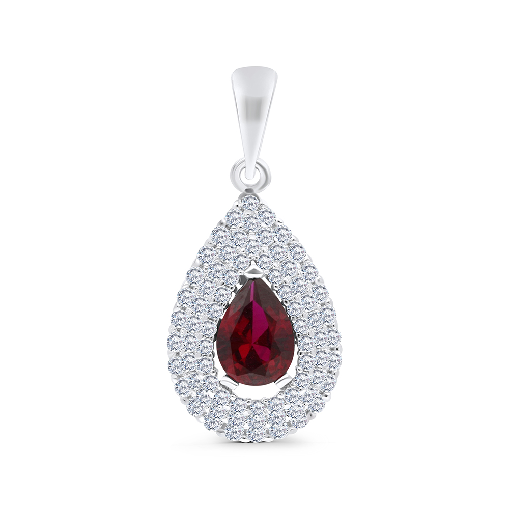 Sterling Silver 925 Pendant Rhodium Plated Embedded With Ruby Corundum And White CZ