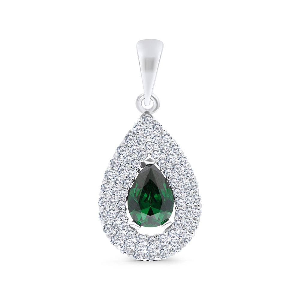 Sterling Silver 925 Pendant Rhodium Plated Embedded With Emerald And White CZ