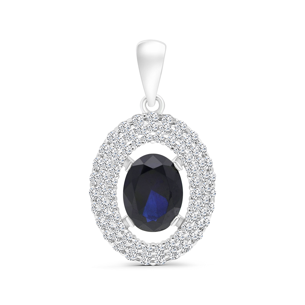 Sterling Silver 925 Pendant Rhodium Plated Embedded With Sapphire CorundumAnd White CZ