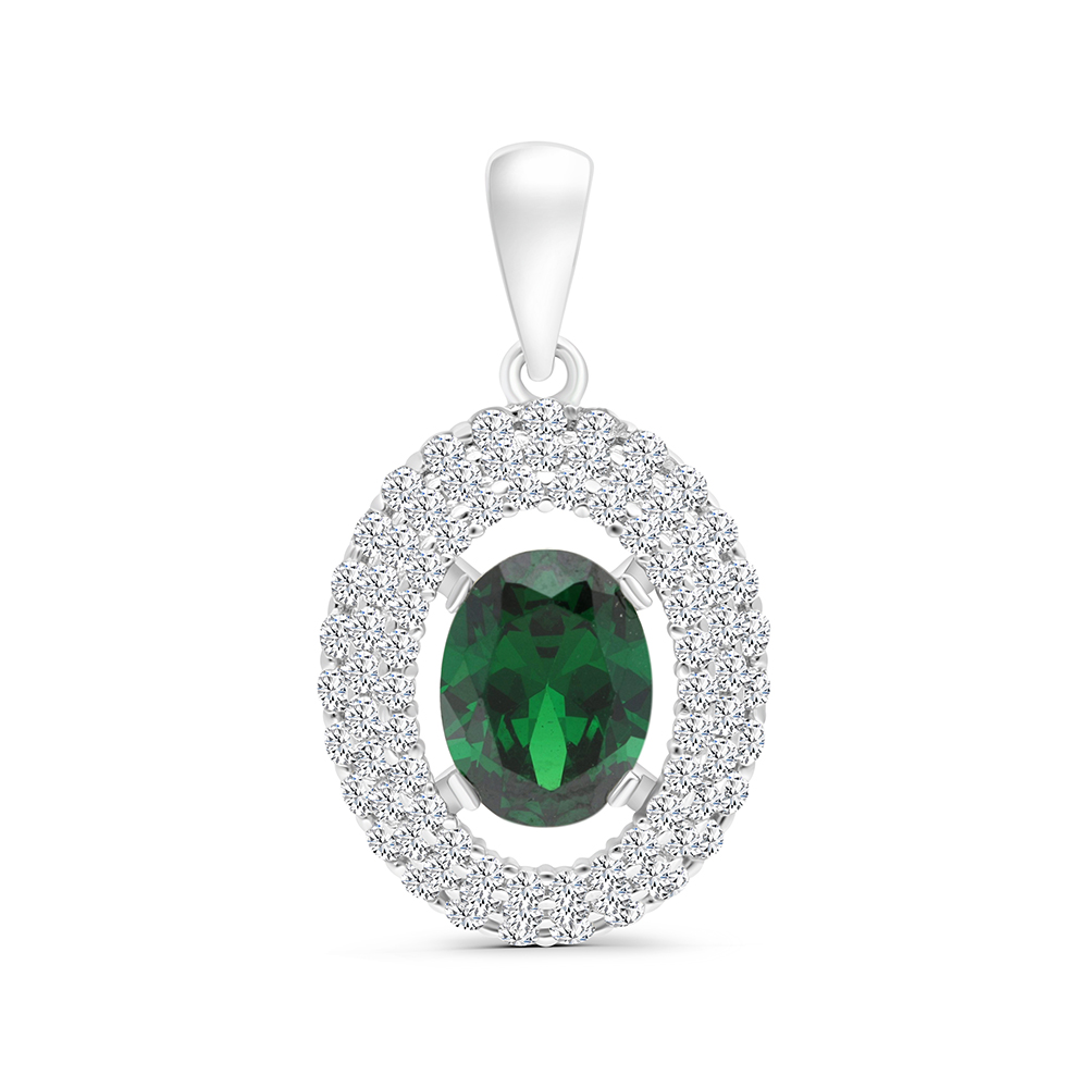 Sterling Silver 925 Pendant Rhodium Plated Embedded With Emerald And White CZ