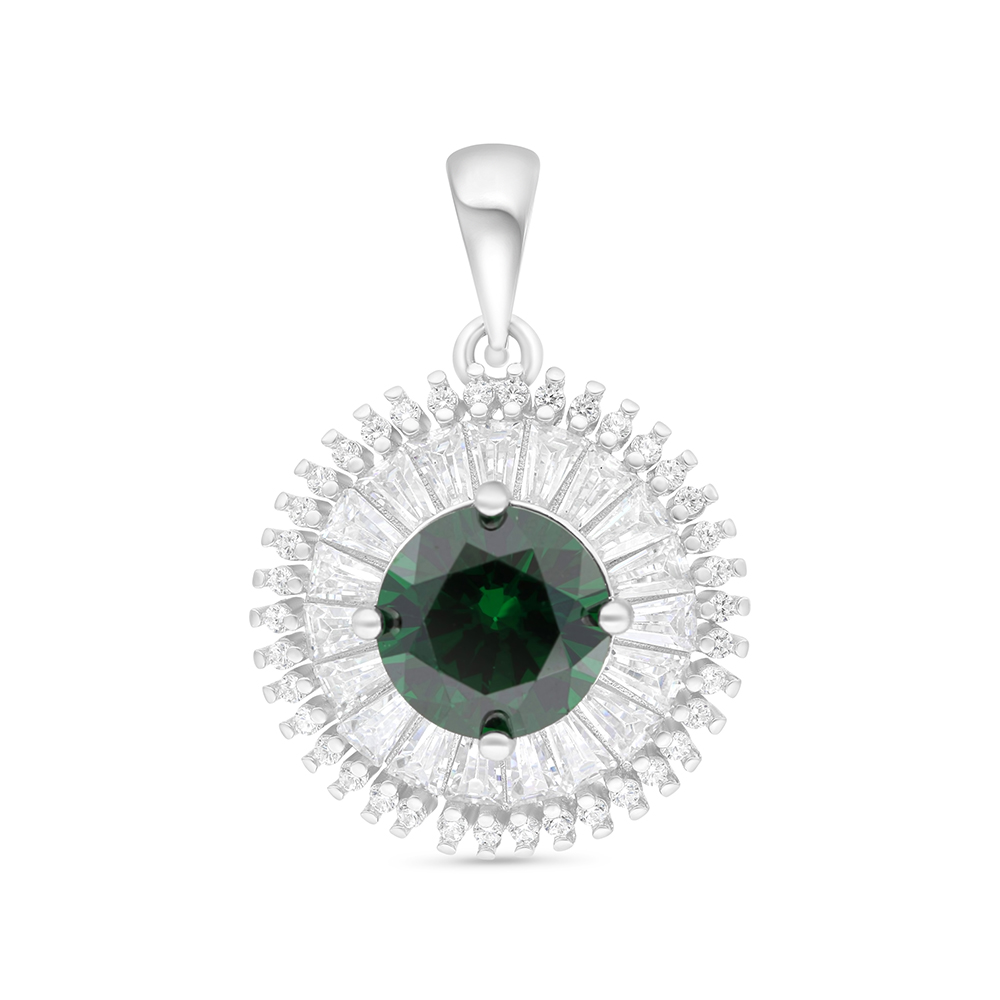 Sterling Silver 925 Pendant Rhodium Plated Embedded With Emerald