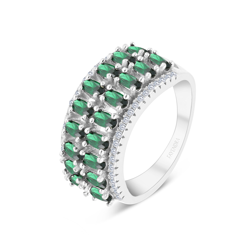 Sterling Silver 925 Ring Rhodium Plated Embedded With Emerald And White CZ