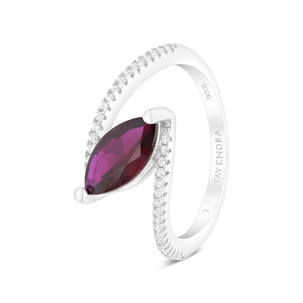 Sterling Silver 925 Ring Rhodium Plated Embedded With Ruby Corundum And White CZ