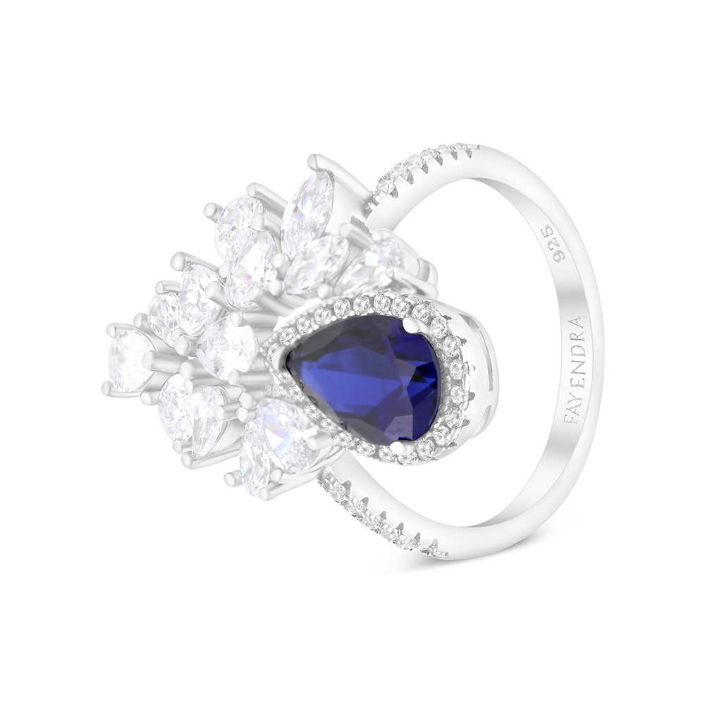 Sterling Silver 925 Ring Rhodium Plated Embedded With Sapphire Corundum And White CZ