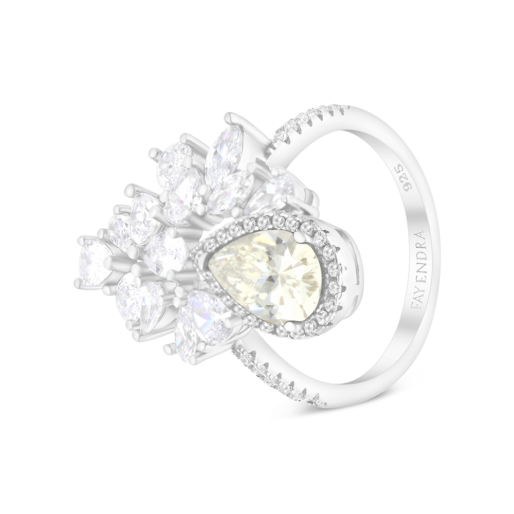 Sterling Silver 925 Ring Rhodium Plated Embedded With Yellow Zircon And White CZ