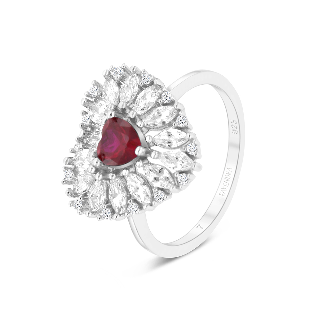 Sterling Silver 925 Ring Rhodium Plated Embedded With Ruby Corundum And White CZ