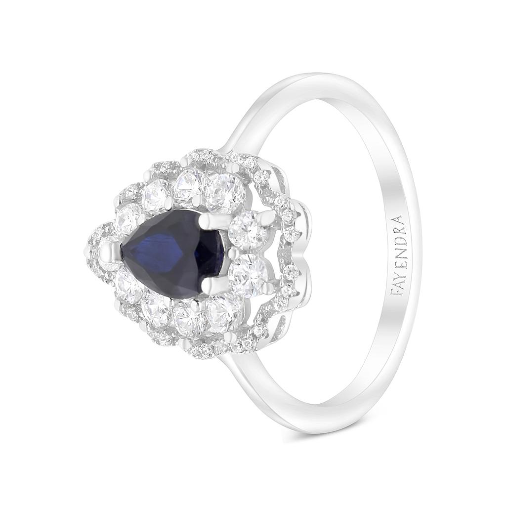 Sterling Silver 925 Ring Rhodium Plated Embedded With Sapphire Corundum And White CZ