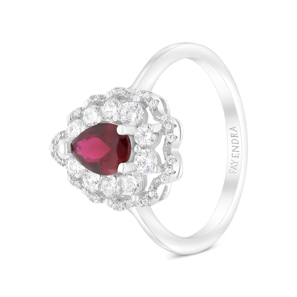 Sterling Silver 925 Ring Rhodium Plated Embedded With Ruby Corundum And White CZ