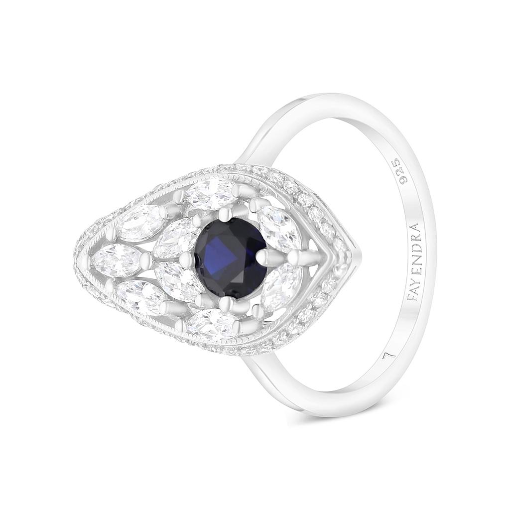 Sterling Silver 925 Ring Rhodium Plated Embedded With Sapphire Corundum And White CZ