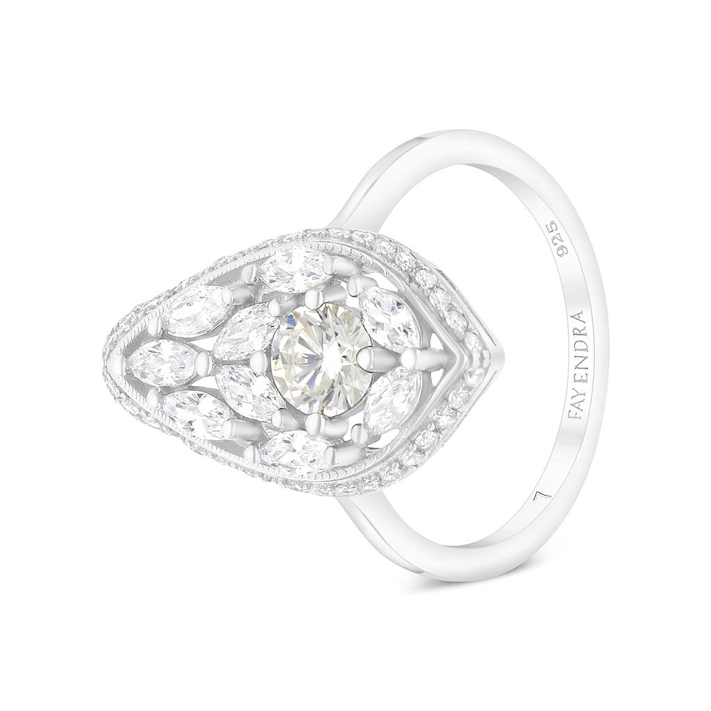 Sterling Silver 925 Ring Rhodium Plated Embedded With Yellow Zircon And White CZ