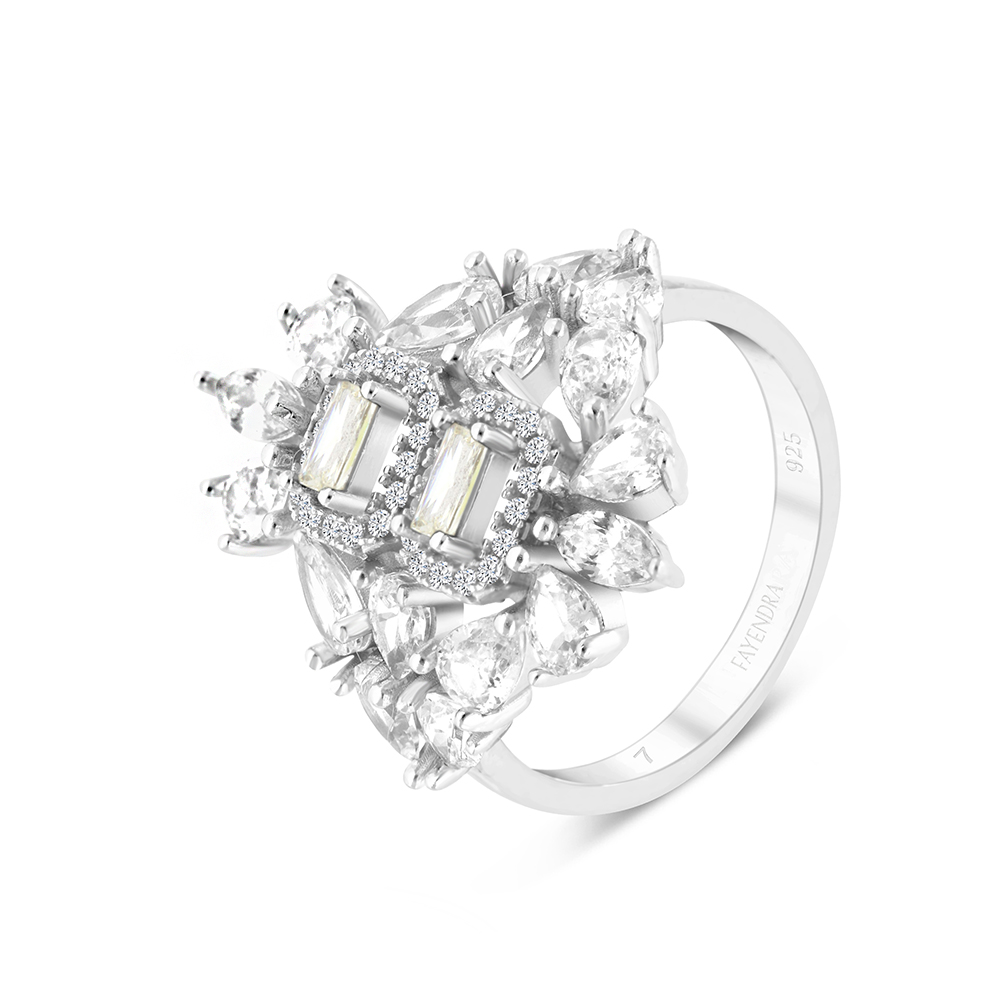 Sterling Silver 925 Ring Rhodium Plated Embedded With Yellow Zircon And White CZ