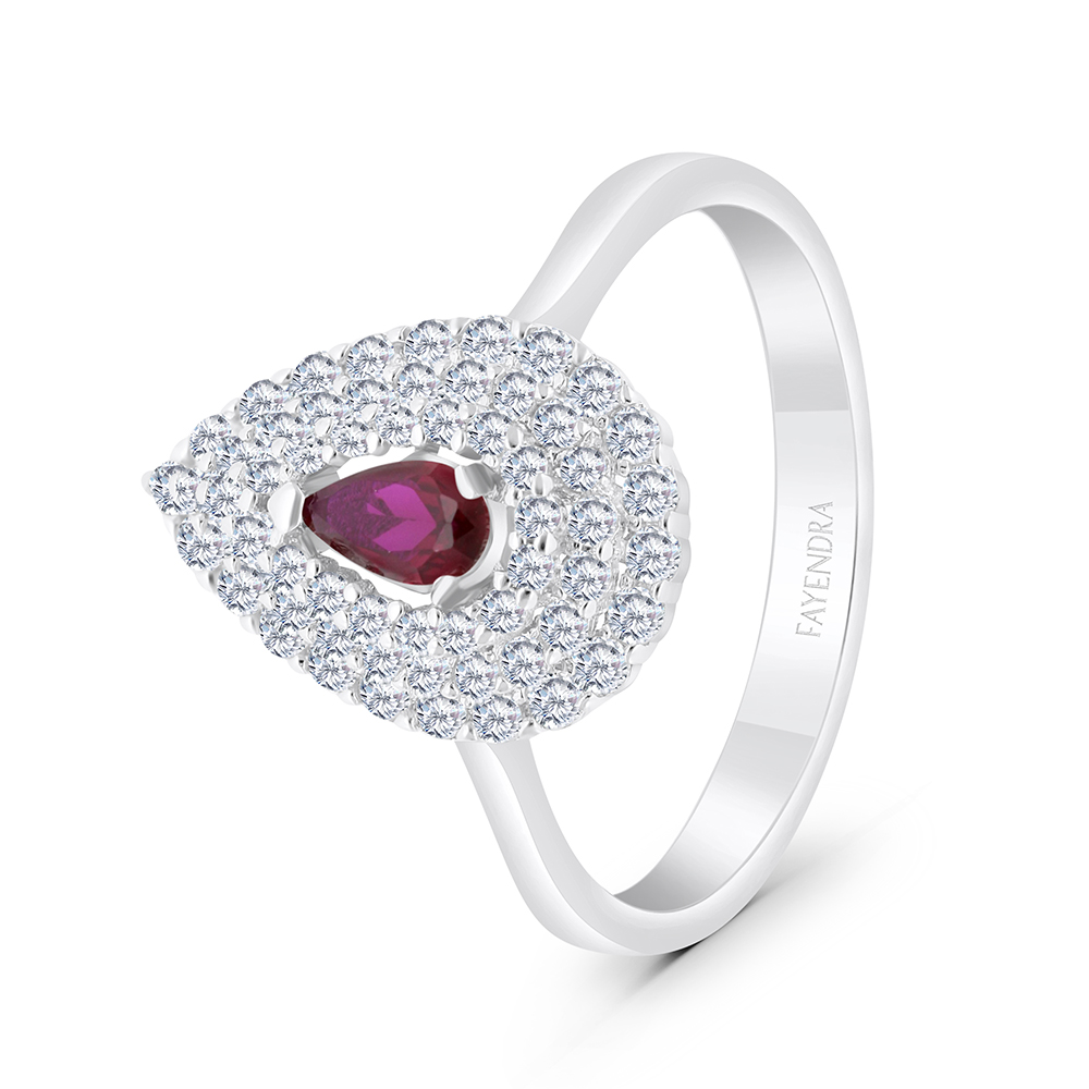 Sterling Silver 925 Ring Rhodium Plated Embedded With Ruby Corundum And White CZ