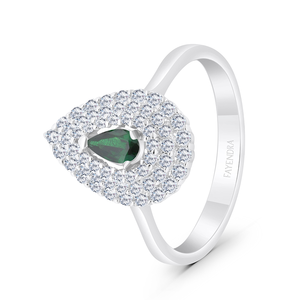 Sterling Silver 925 Ring Rhodium Plated Embedded With Emerald And White CZ